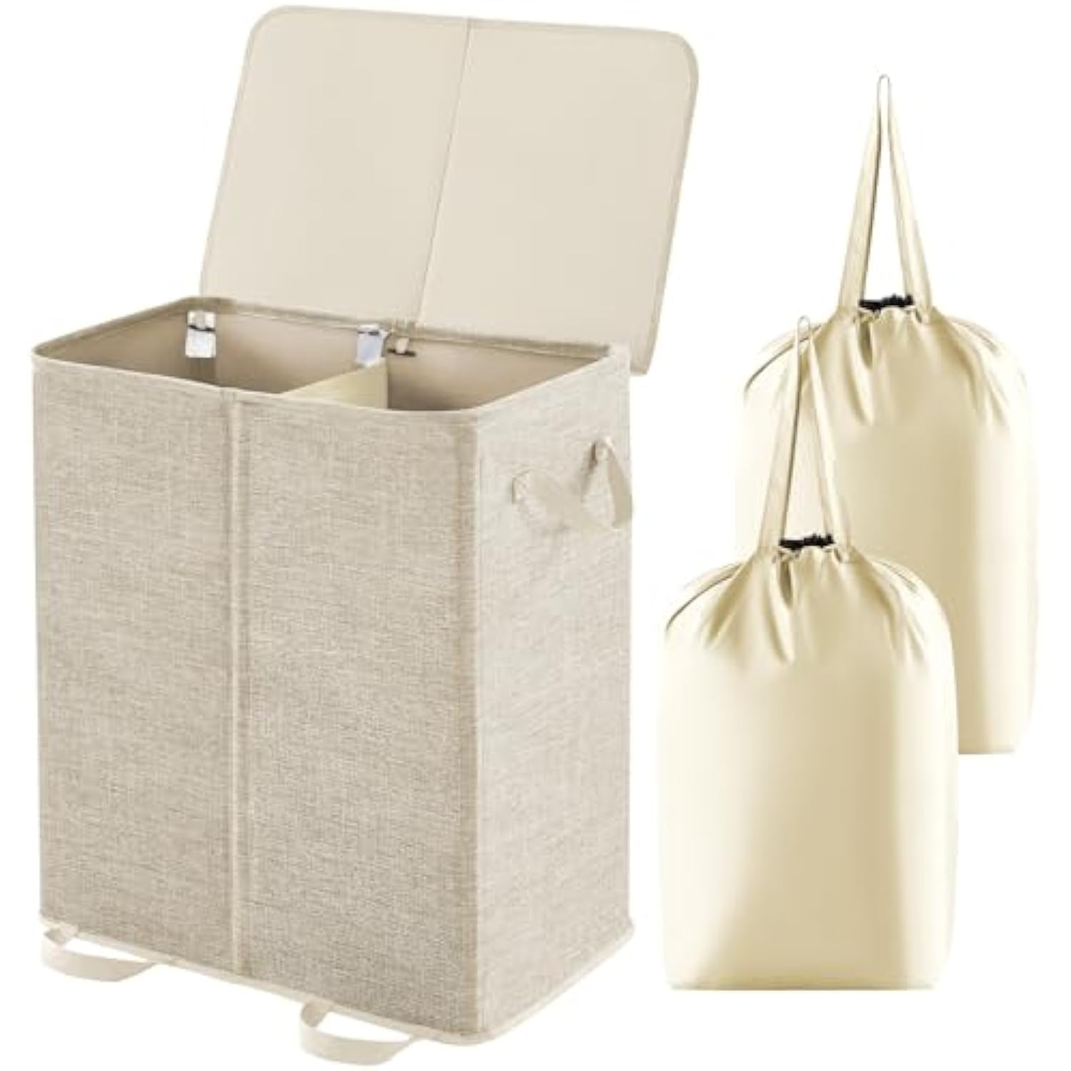 Lifewit Double Laundry Hamper with Lid and Removable Laundry Bags, Large Collapsible 2 Dividers Dirty Clothes Basket with Handles for Bedroom, Laundry Room, Closet, Bathroom, College, Beige