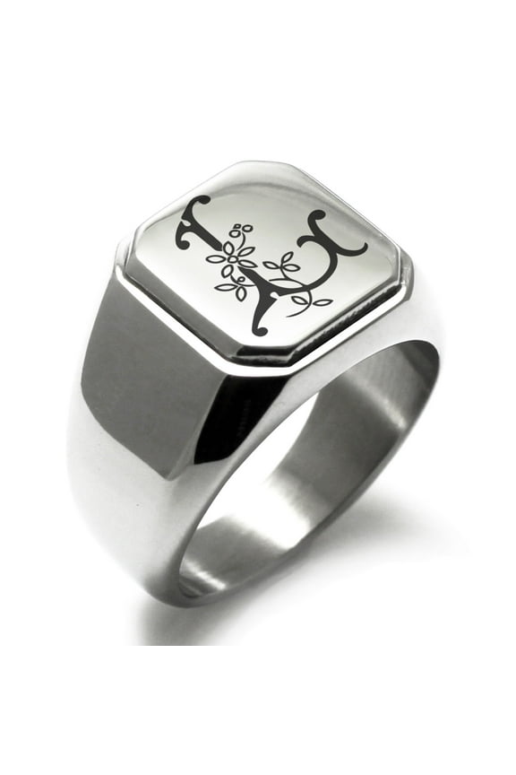Stainless Steel Letter L Initial Floral Monogram Engraved Engraved Square Flat Top Biker Style Polished Signet Ring