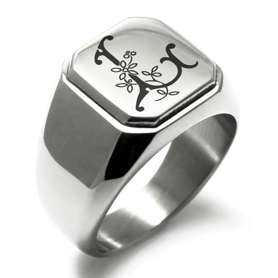 Stainless Steel Letter L Initial Floral Monogram Engraved Engraved Square Flat Top Biker Style Polished Signet Ring