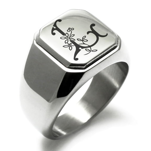 Stainless Steel Letter L Initial Floral Monogram Engraved Engraved Square Flat Top Biker Style Polished Signet Ring