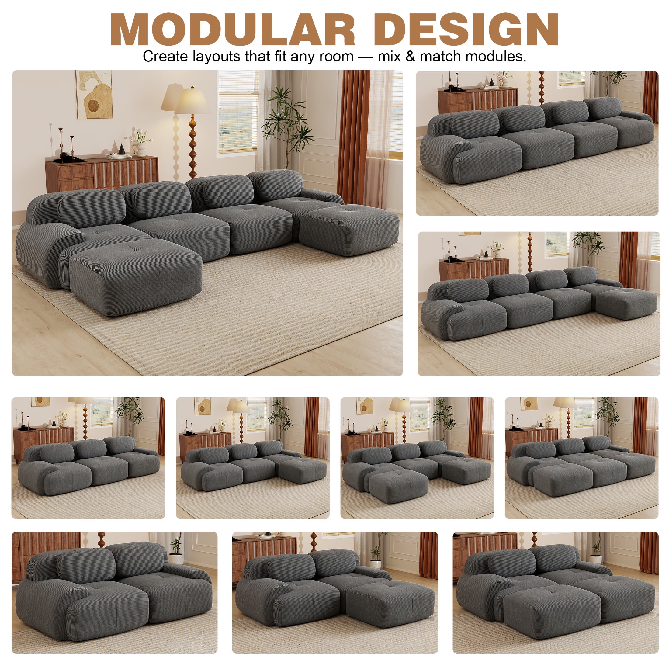 Aukfa 153" U-Shaped Modular Sectional Sofa, Deep Seat Living Room Couch, Corduroy, No Assembly, Gray