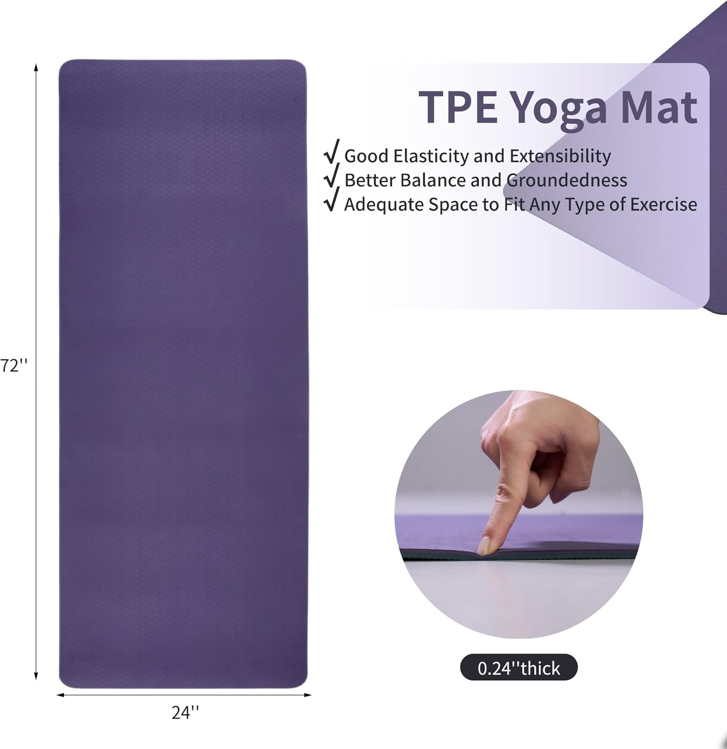 Non-Slip TPE Yoga Mat for Women & Men, 72"x24" Extra-Long Pilates Mats for Hot Yoga, HIIT, Floor Workouts, Lightweight Fitness Mat with Dual Grip