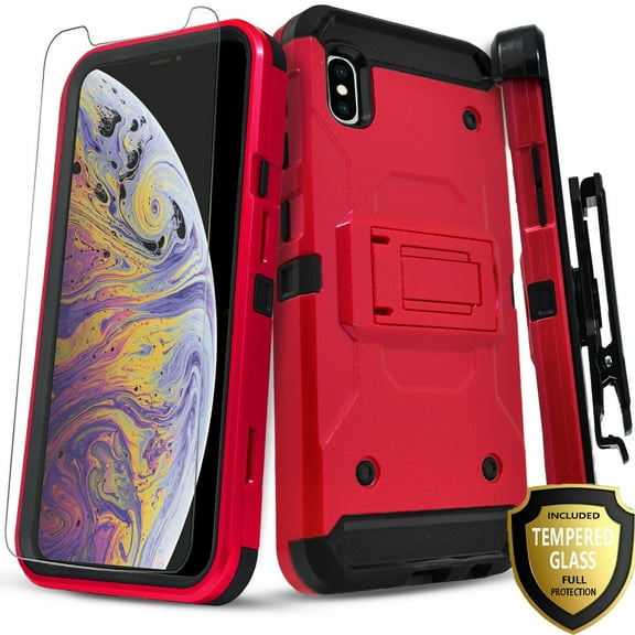 iPhone X/ XS Case, With [Tempered Glass Screen Protector Included], STARSHOP Full Cover Heavy Duty Dual Layers Phone Cover with Kickstand and Locking Belt Clip-Red