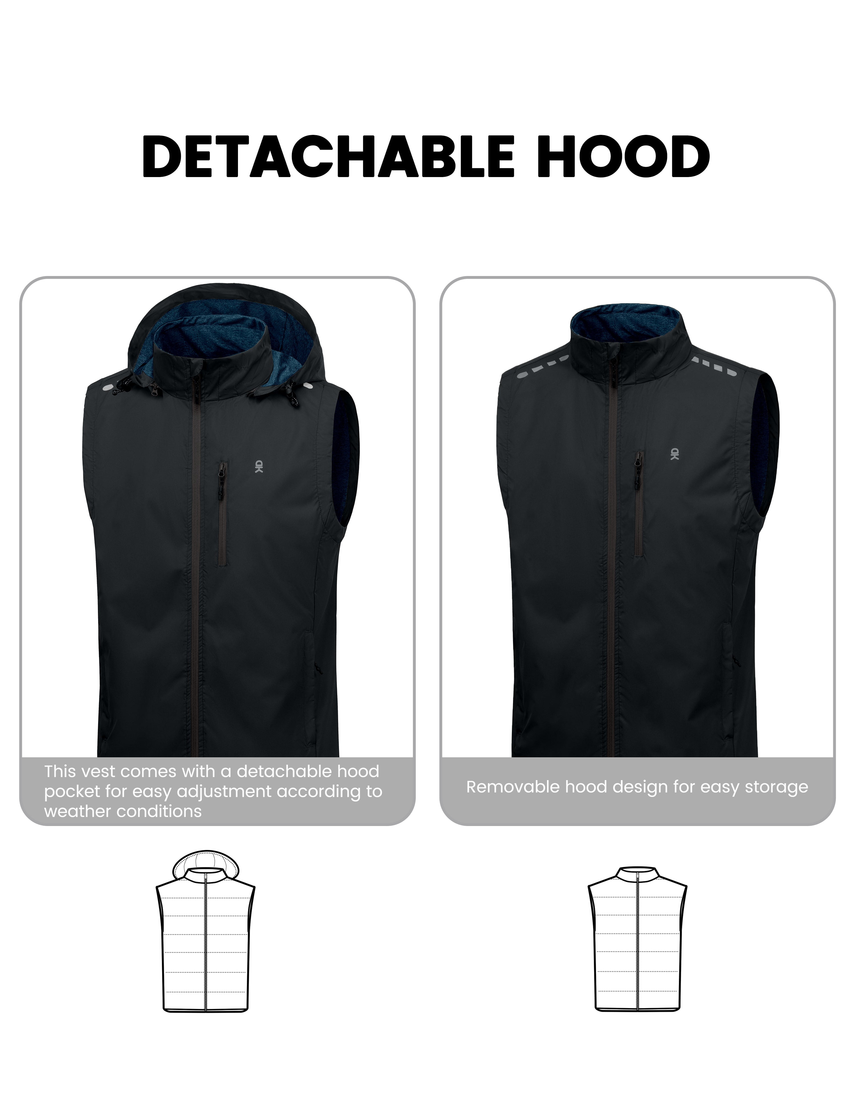 Little Donkey Andy Men's Lightweight Softshell Vest Detachable Hood Windproof Golf Sleeveless Jacket for Hiking Running Black 2XL