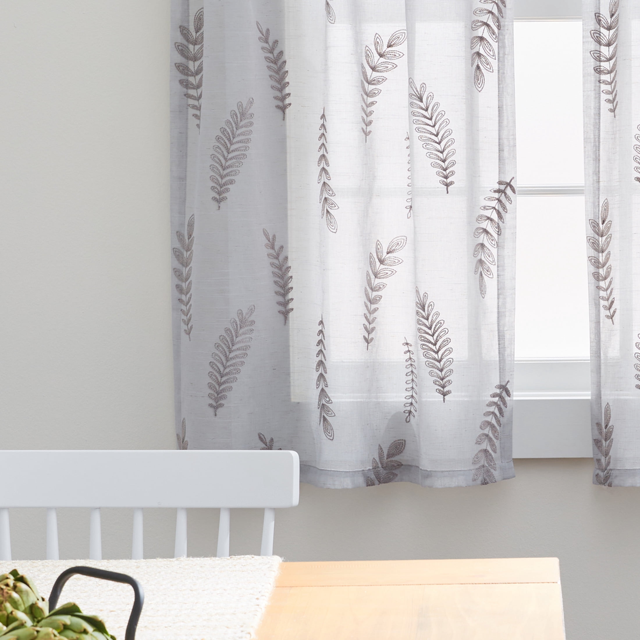 Better Homes & Gardens Embroidered Botanical Valance & Tier Set, 3-Piece Curtain, Silver, Indoor, 60"W x 36"L, Adult, Teen