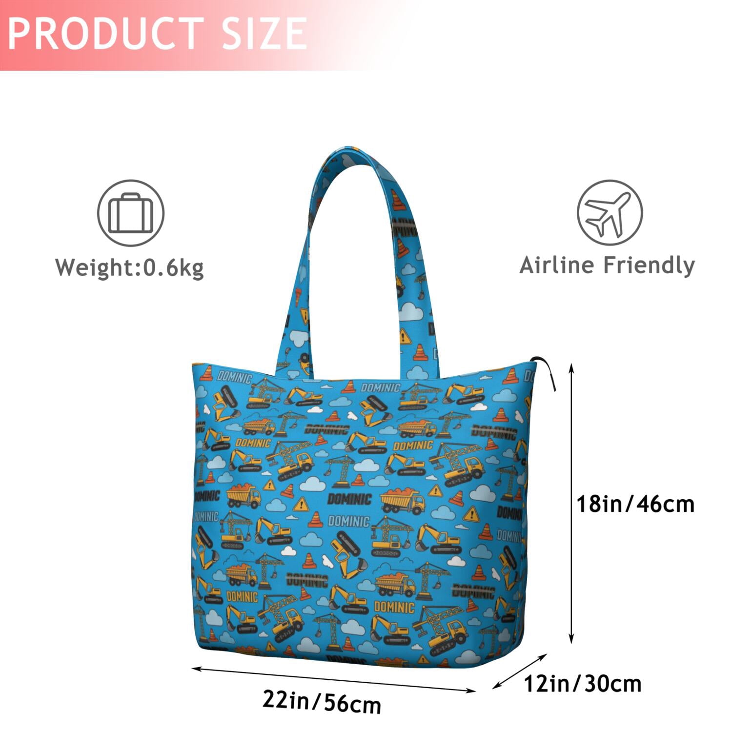 Cartoon Construction Vehicles Cranes Travel Tote Bags for Women Carry On,Large Weekender Bags for Women Travel,Multi Functional Duffle Bag for Work,Shopping,Sports