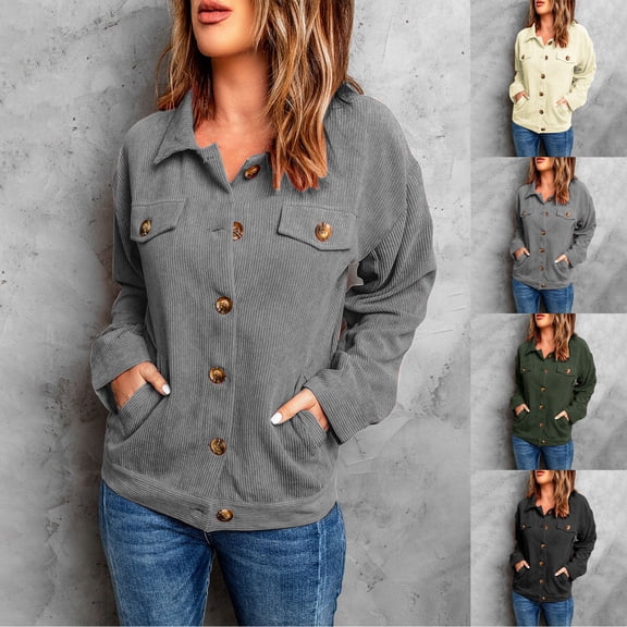 Lovskoo Women's Corduroy Shacket Shirt Jacket Solid Color Long Sleeve Lapel Loose Casual Cardigan Top Coat Green
