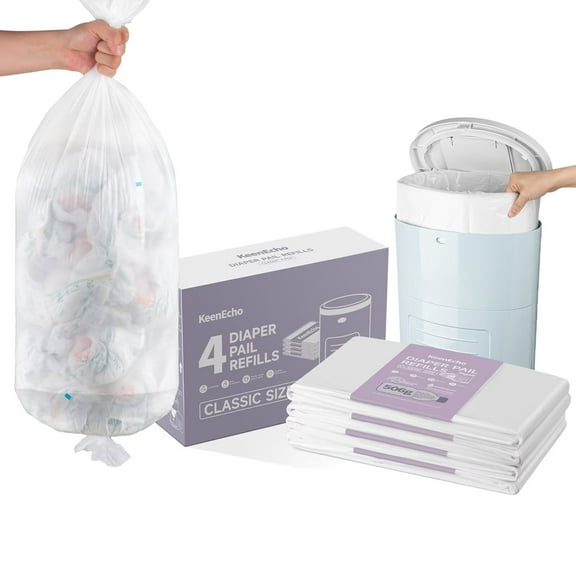 KeenEcho Diaper Pail Refill Bags (4 Pack) - Recycled Ocean Plastic - for Mini/Classic/Plus Diaper Pails, Holds Up to 1200/1980/2320 Newborn Diapers - Fresh Scent & Odor Control for Baby Parents