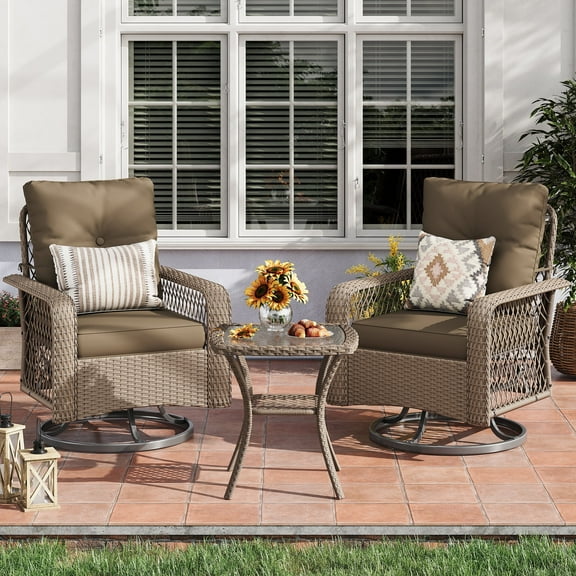 UDPATIO 3 Pieces Patio Furniture Set, Outdoor Swivel Gliders Rocker, Wicker Patio Bistro Set with Rattan Rocking Chair, Glass Top Side Table and Thickened Cushions (Brown coffee)