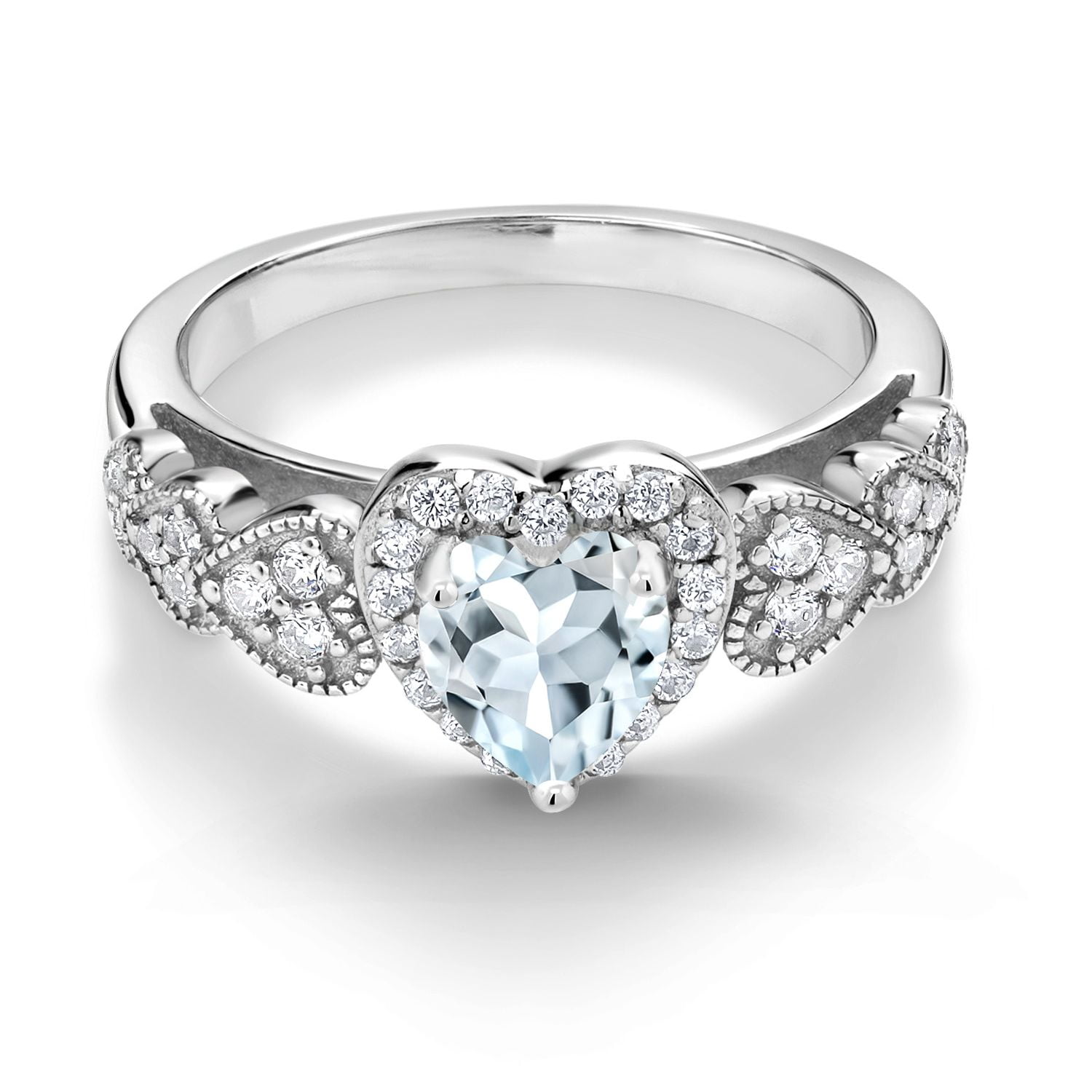 Gem Stone King 925 Sterling Silver Sky Blue Aquamarine Ring for Women (1.16 Cttw, Heart Shape 6MM, Gemstone Birthstone, Available in Size 5, 6, 7, 8, 9)