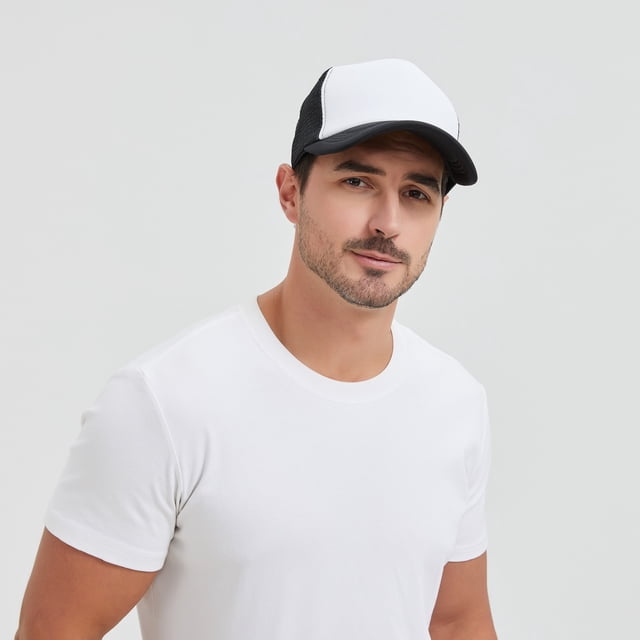 TOPTIE Adult 5 Panel Mid Profile Mesh Back Trucker Hat Foam Snapback Hat-Black/White
