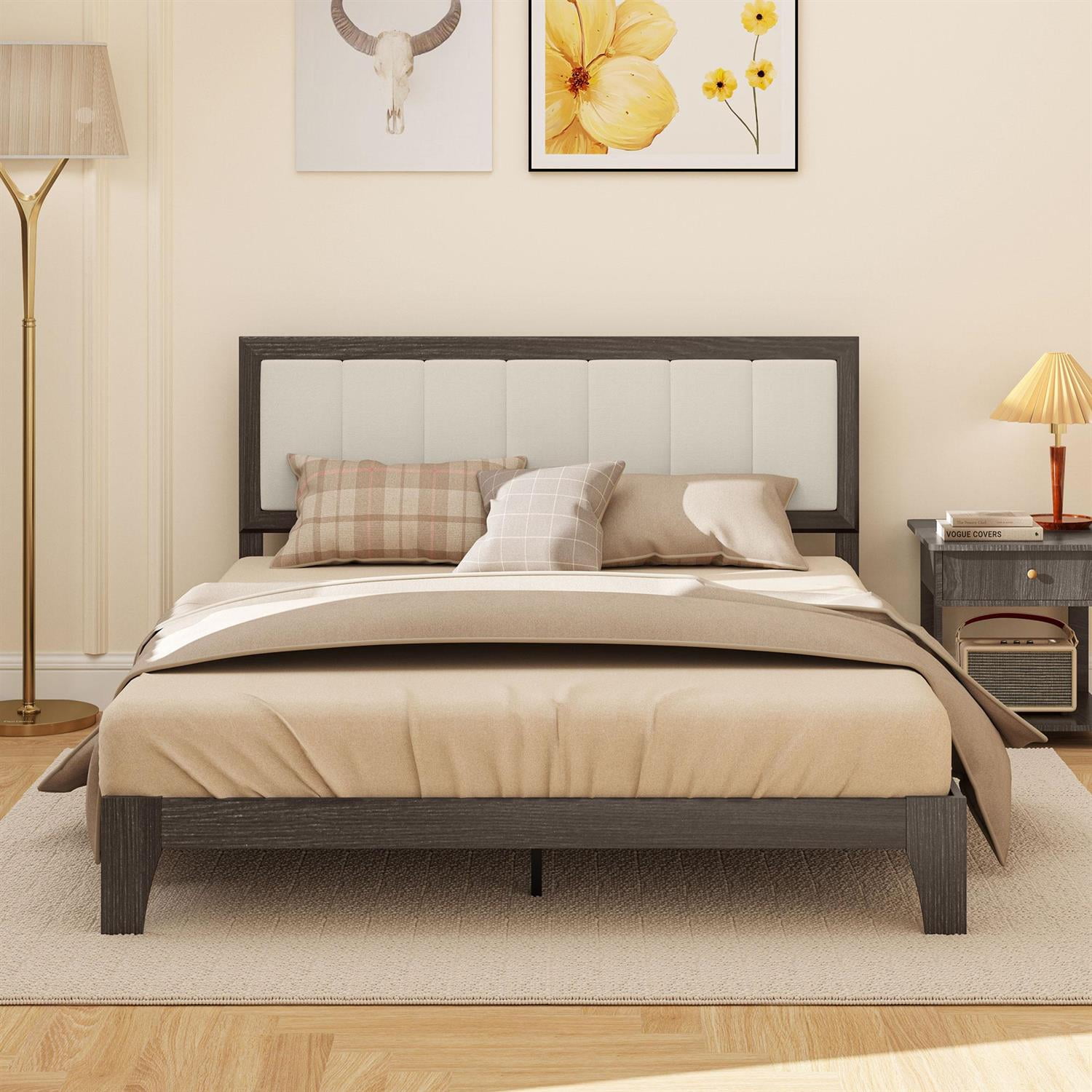 Demi Bonn Queen Size Bed Frame with Headboard, Wood Slats & Modern Platform Style Without a Box Spring, Gray