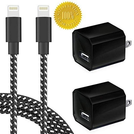 Chargers 5W USB Power Adapter Wall Charger 1A Cube Plug Outlet w/ 6FT/2M + 3FT/1M Nylon Braided Sync & Charger Cord Compatible iPhone 8 / X / 7 / 6S / Plus + More (Black) 2 Pack