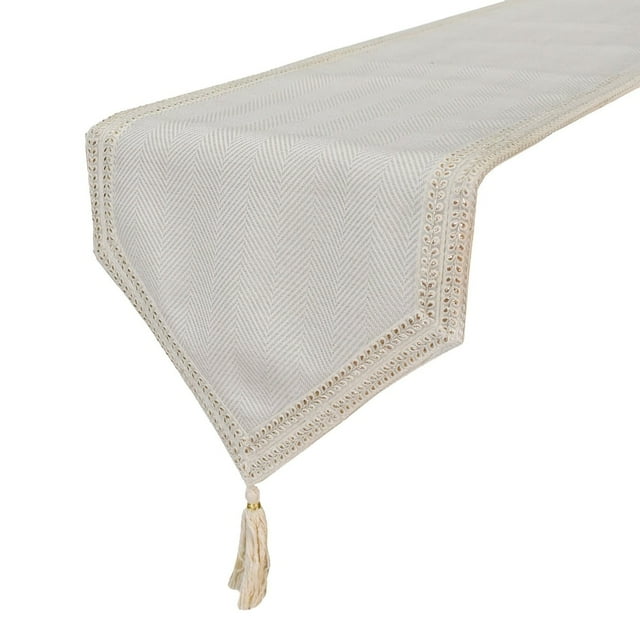 The HomeCentric Designer Ivory Grey Table Runner 8 - 10 Seater Table Runner (14 x 120 inch), Chevron Weave, Lace, Tassels, Linen fabric Table Linen, Geometric Pattern Modern Style - Eleganza