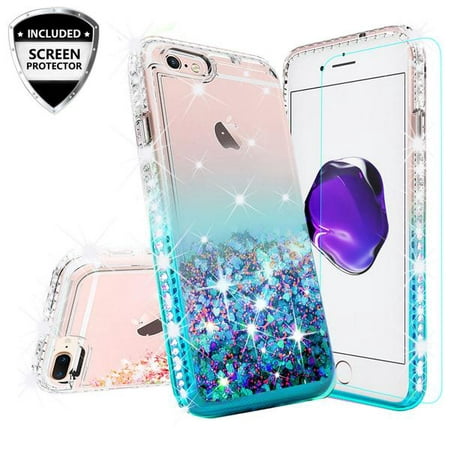 Case for iPhone 8 /iPhone 7 Liquid Glitter Bling Quicksand w/[Tempered Glass Screen Protector] Case for Apple iPhone 7/8 - Clear/Teal