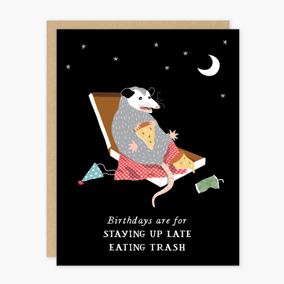 Funny Birthday Card with Opossum – "Birthdays Are for Staying Up Late Eating Trash" – Blank Inside, Envelope Included – Perfect for Friends or Family Celebrations