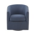 thumbnail image 3 of Tyler Swivel Chair - Blue Fabric Barrel Chair with Silver Nailheads & Black Metal Base, 360° Swivel, 28" Wide, Living Room Seating, 3 of 9