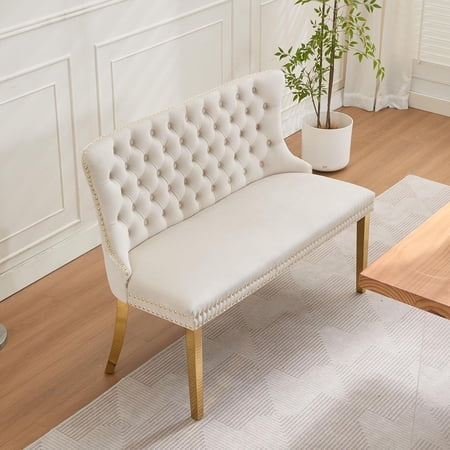 Velvet Double Dining Loveseat Bench, 2-Seat Tufted Bench with Handmade Buttons and Wing Back, Accent Chair with Gold-Plated Steel Legs, Mid-Century Modern Dining & Kitchen Seating, Beige