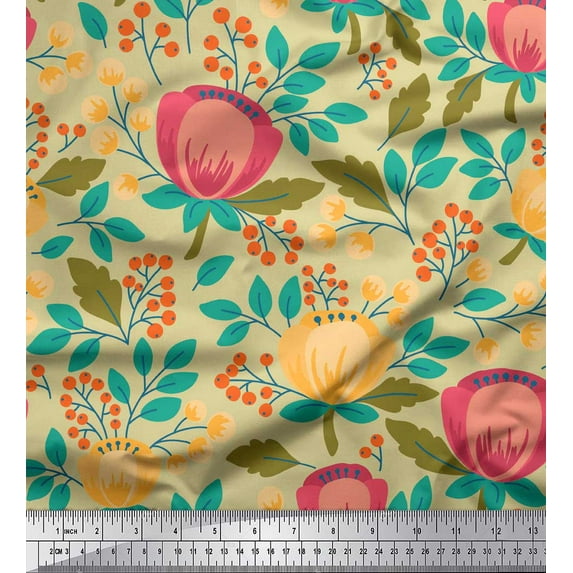 Soimoi Beige Poly Georgette Fabric Leaves & Magnolia Floral Printed Fabric 1 Yard 42 Inch Wide
