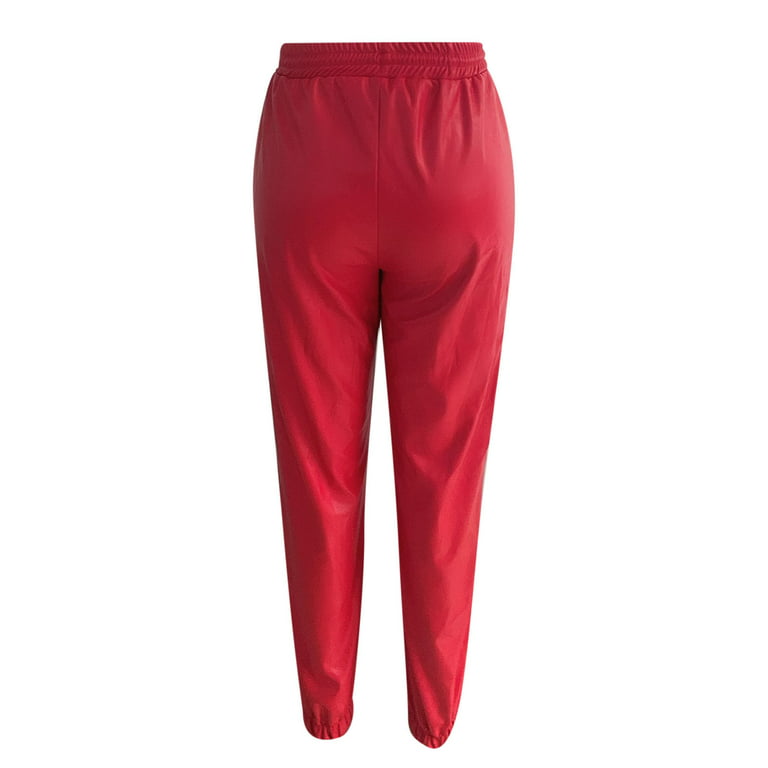 RQYYD Women's Drawstring Long Pants High Waisted Cropped Tapered Pu Leather  Pants Solid Elastic Waist Trousers Red M