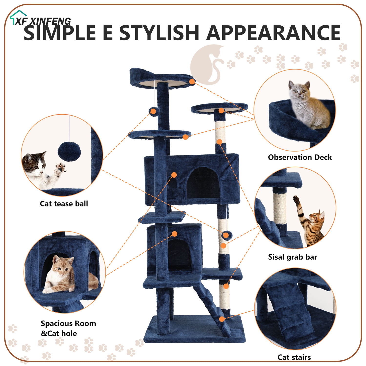 XF XINFENG 70 Inch Cat Tree Tower for Indoor Relaxing Climb Multi-Level Cats  Furniture Activity Center with Cat Scratching Stand House Cat Condo with Funny, Navy Blue