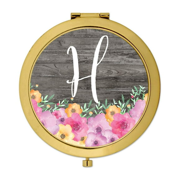Koyal Wholesale Gold Compact Mirror Bridesmaid's Wedding Gift, Pink Floral Flowers on Rustic Gray Wood, Monogram H, 1-Pk