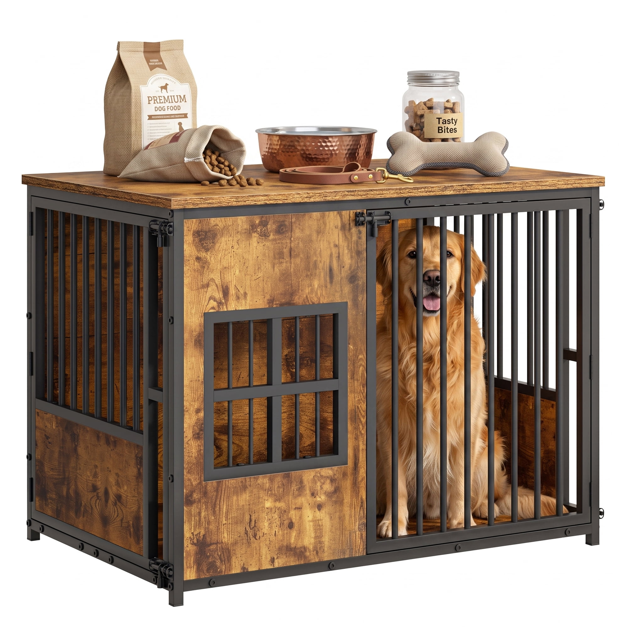 Dog Crate with Storage Top and Wooden Design, Large Indoor Pet Kennel and Dog Cage Furniture for Living Room Bedroom, Antique Brown