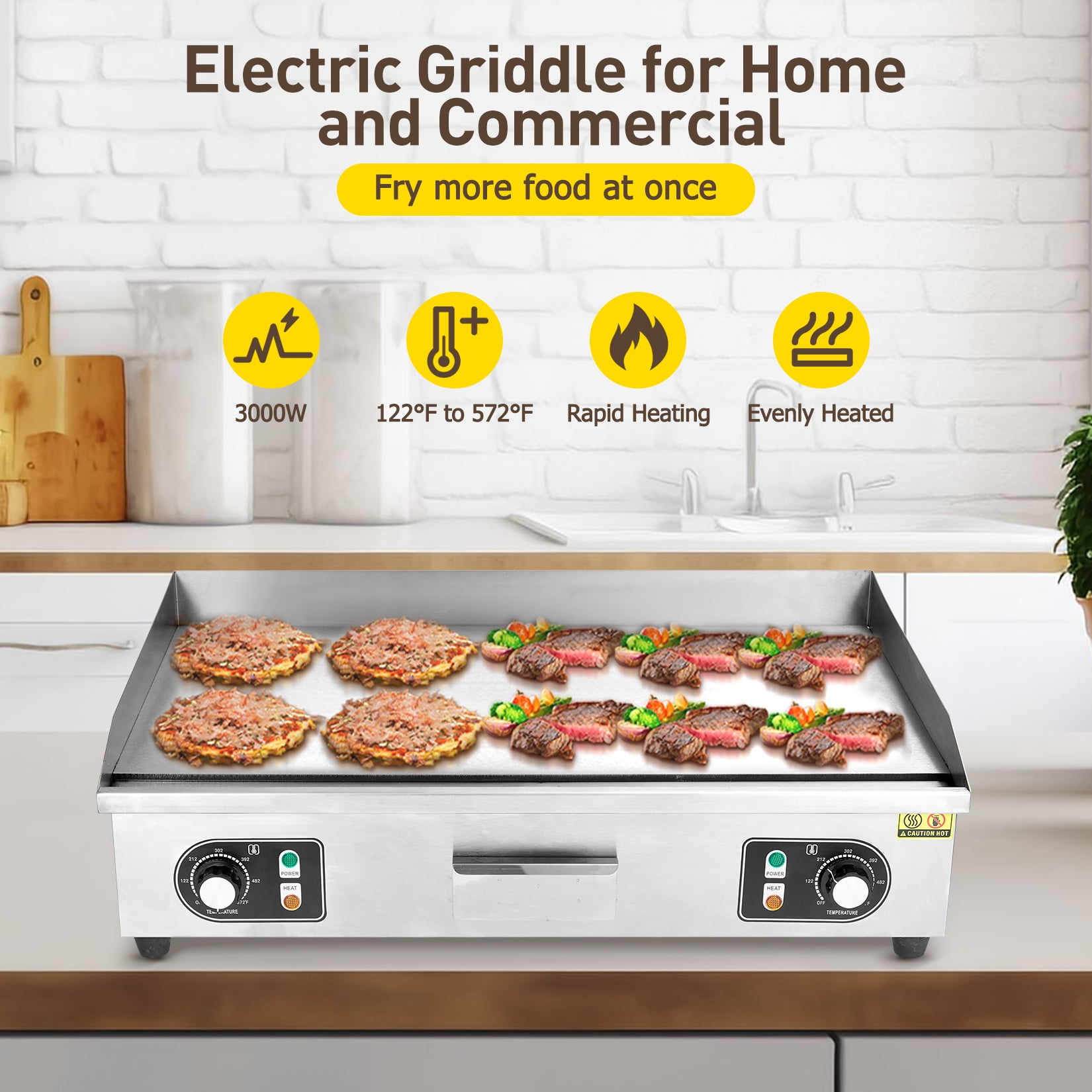 Amkui 28.7" Electric Griddle, 3000W Commercial Electric Countertop Griddle Flat Top Grill Hot Plate BBQ, Restaurant Teppanyaki Grill for Kitchen Non-Stick Stainless Steel 2 Brushes+2 Spatulas