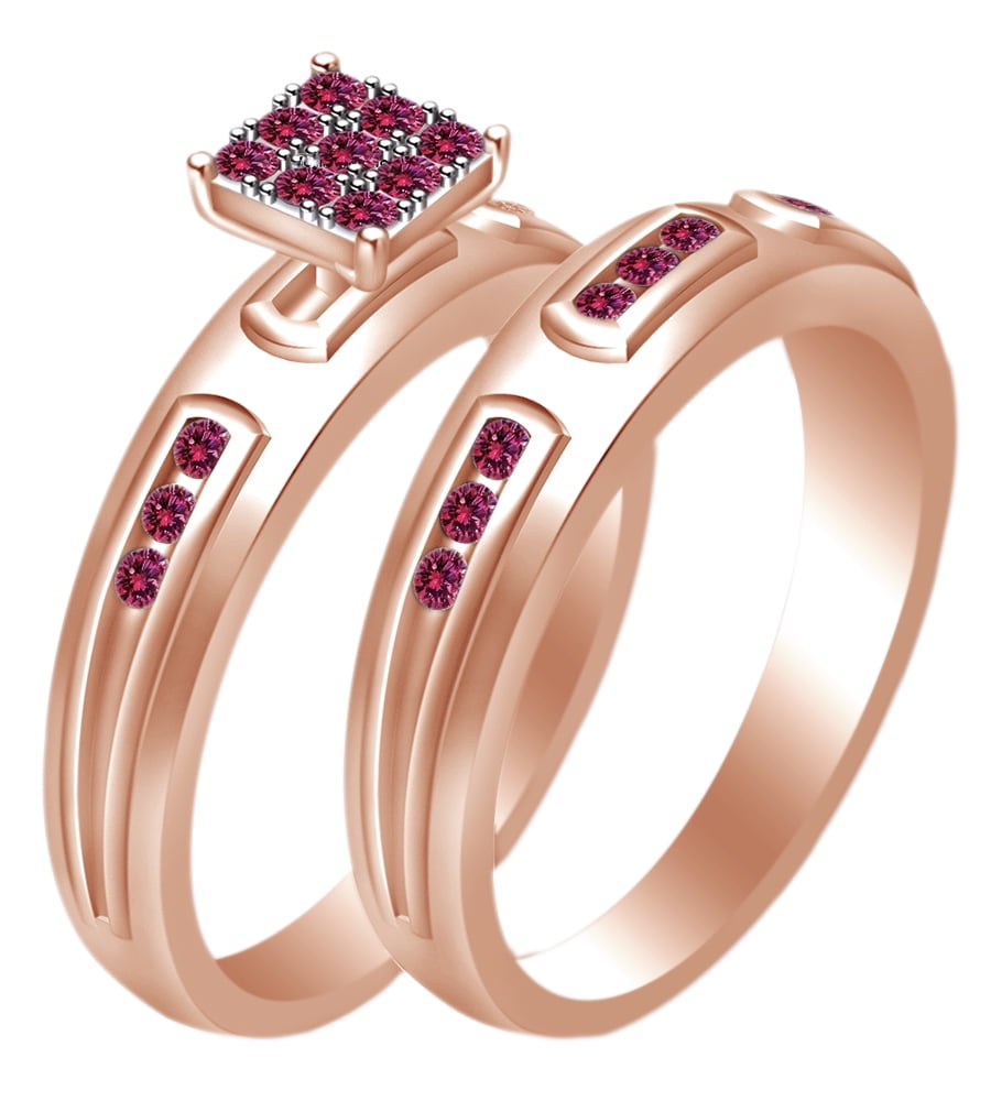 Round Cut Simulated Pink Ruby Women's Bridal Ring Set In 14k Rose Gold Over Sterling Silver Ring Size 9 by Jewel Zone US