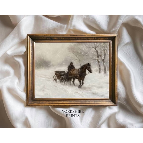 Horse Carriage Winter Wall Art, Rustic Snowy Landscape #3672 Warm Present Vintage UNFRAMED Poster Size 8x12