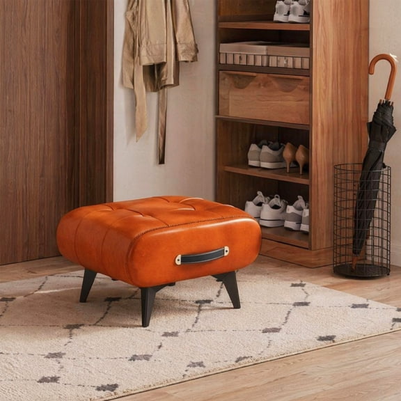 SHegdu Small Foot Stool Wooden Legs Wooden Office Footrest with Padded Seat Hidden Step Stool with Handle for Extra Seating in Living Room Entryway (Brown)