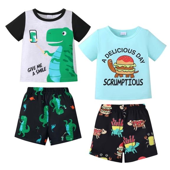 Kucnuzki 12 Months Infant Baby Boys Outfit Set 2 Packs 18 Months Boy Summer Clothes Sets Short Sleeves T-shirt Top Dinosaur Print Shorts 4pcs Clothing Multicolor 12-18M