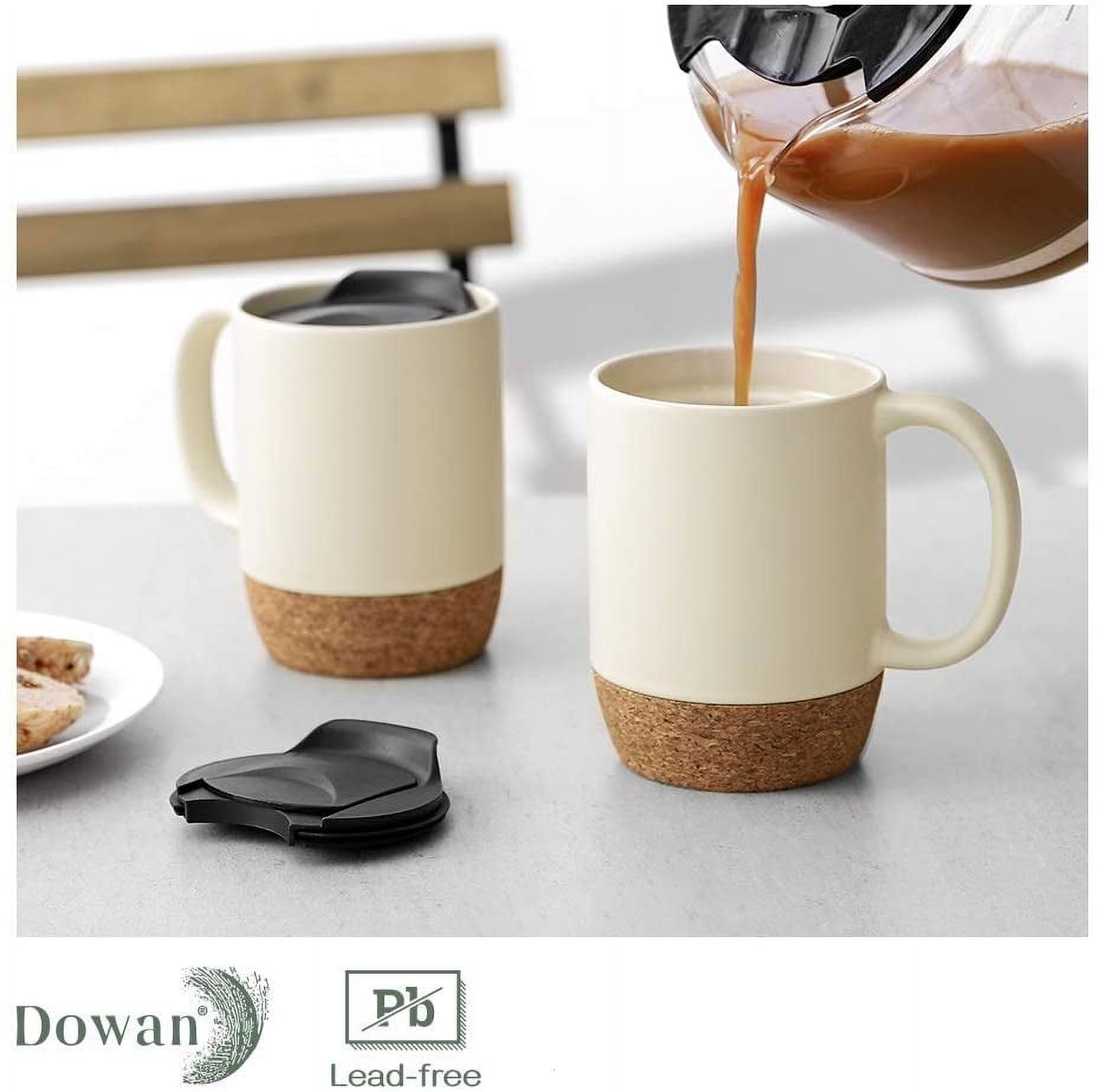 DOWAN Coffee Mugs Set of 2, 15 OZ Ceramic Mug with Insulated Cork Bottom and Splash Proof Lid, Large Coffee Mug with Handle for Men, Women, Beige - image 4 of 7