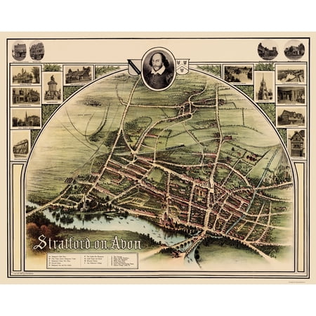 Historic Map - Stratford on Avon England - Brown 1908 - Vintage Wall Art