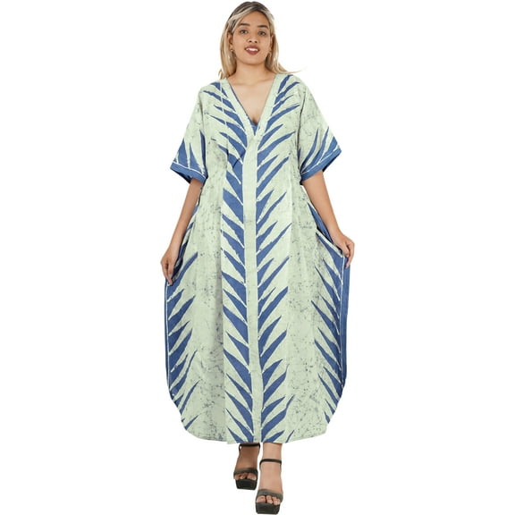HAPPY BAY Women's Summer OverSize Caftan Long House Sleep Shirt Loungewear Dashiki Dresses for Women 2X-3X Blue, Leaves