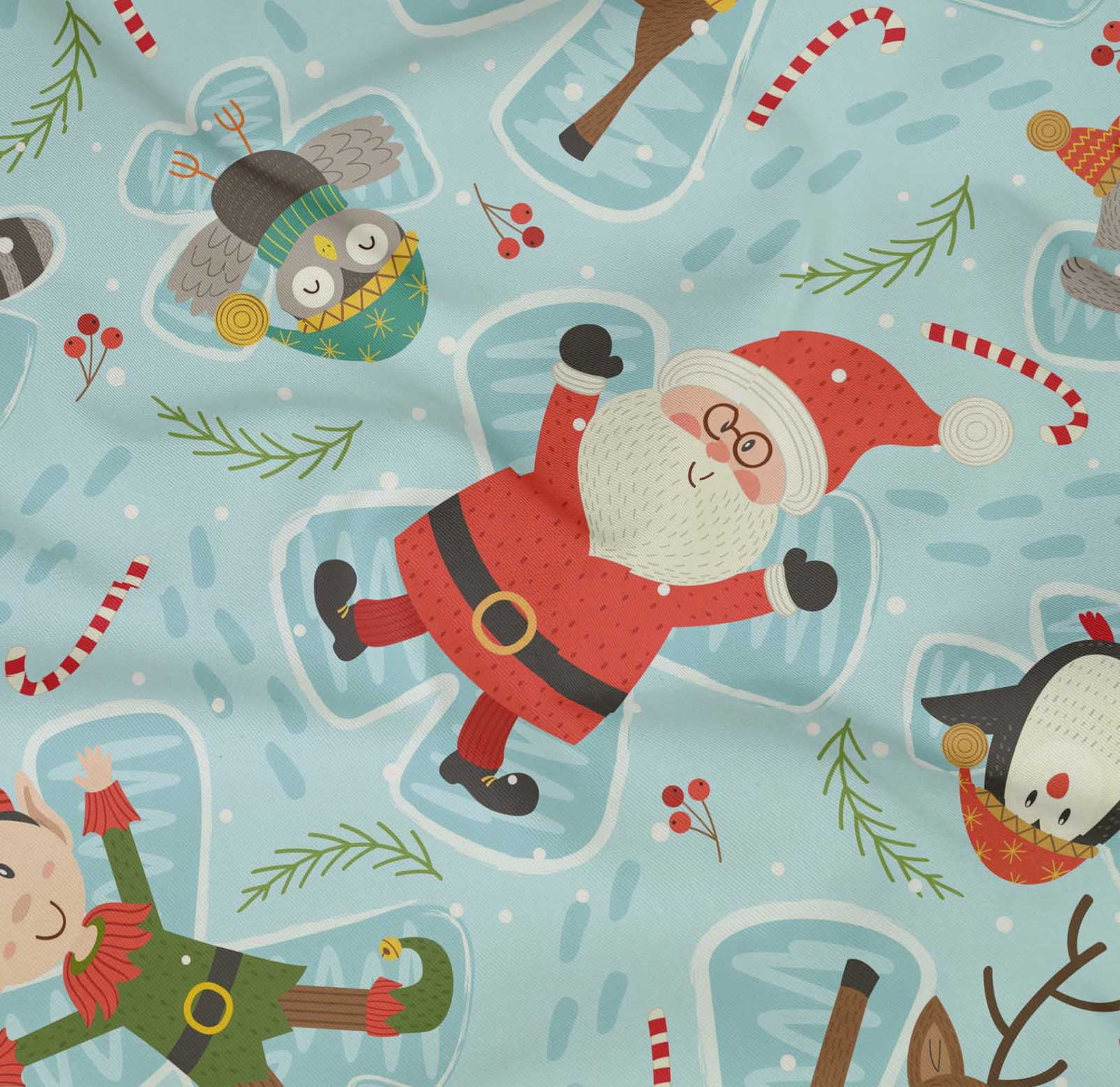 oneOone Cotton Poplin Twill Baby Blue Fabric Cartoon Animal|Candy Stick & Santa Christmas Sewing Material Print Fabric By The Yard 56 Inch Wide