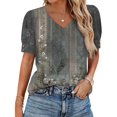 thumbnail image 2 of NMMUED Blouses for Women Dressy Casual Summer Floral Print Tops V Neck Short Puff Sleeve Shirts with Button Cuffs Loose Fit Boho Vacation Trendy Office Outfits Dark Green L, 2 of 8