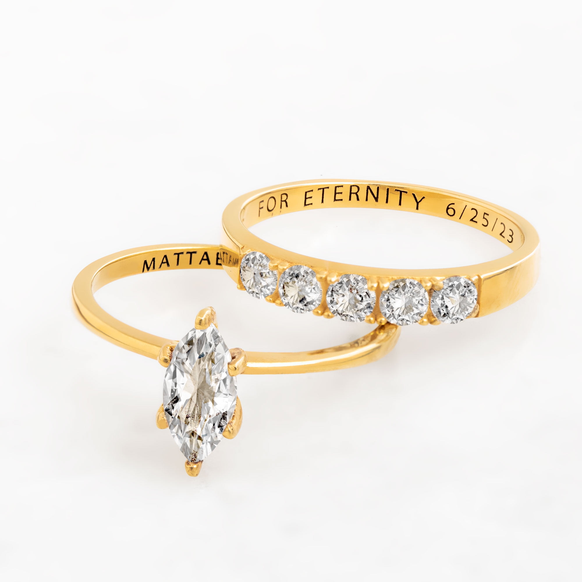 Vow & Forever Personalized Planet Bridal 14K Gold over Sterling Silver Marquise White Topaz 2-Piece Engraved Wedding Ring Set ,Women's
