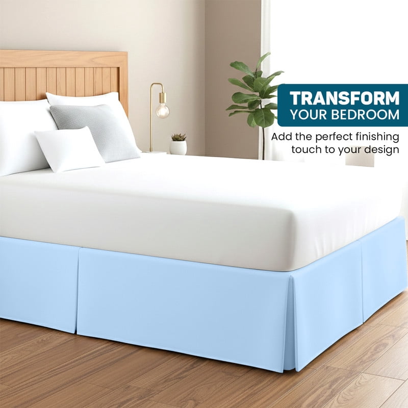 QUEEN Tailored Style Bed Skirt, 16" Drop Length, Soft 100% Microfiber, Quadruple Pleated Tailored Design, Hotel Quality, Light-Blue Solid
