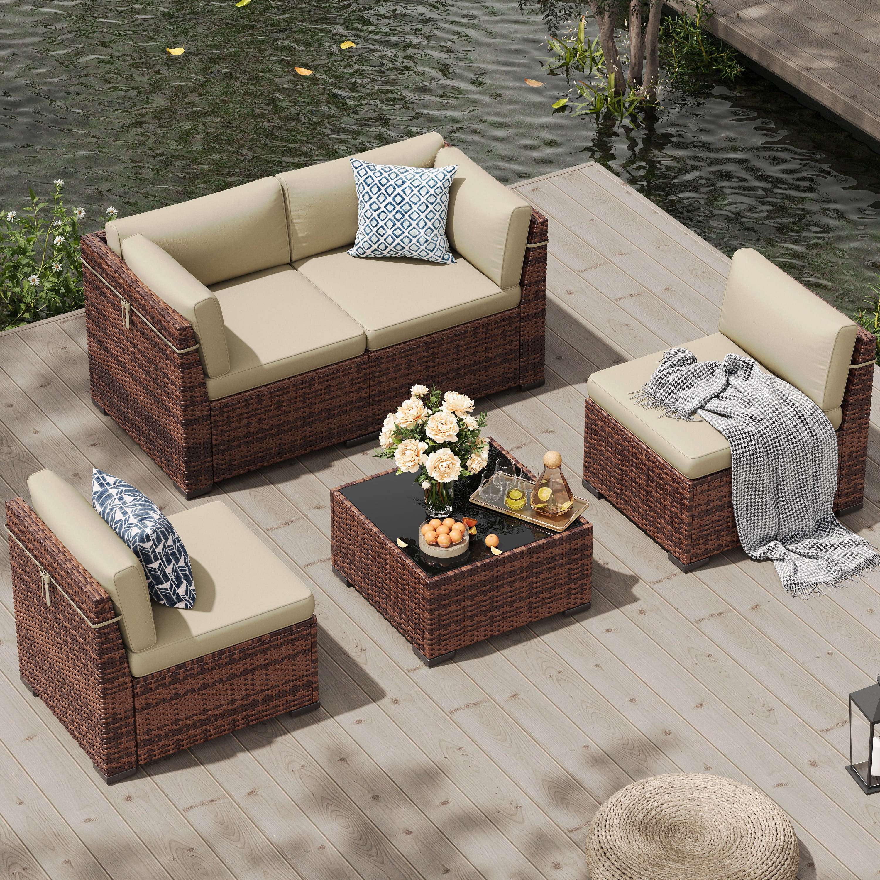 MRUAKA 5 Pieces Patio Conversation Set, Outdoor Sectional PE Rattan Wicker Furniture Seat,Beige