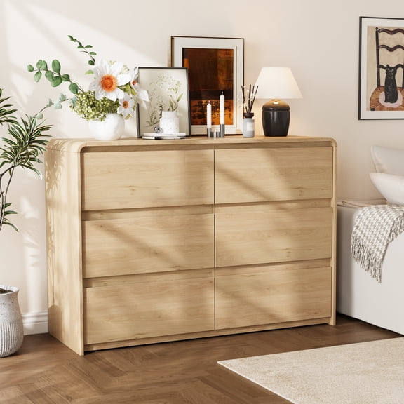 WACASA 6 Drawer Dresser for Bedroom, Brown Bedroom Dresser for Closet with Round Edge, Modern Wood Dressers & Chests of Drawers for Living Room, Hallway