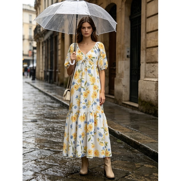V Neck Empire Waist Peasant Dress V Neck Empire Waist 100 Percent Rayon Maxi Dress Puff