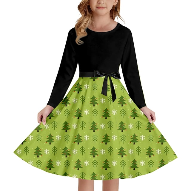 MIASHUI Style Girls Print Party Dress With Lace Up Front Long Sleeves And Back Elastic Zipper For Holiday Festive Pageant Gown Green,11-12 Years