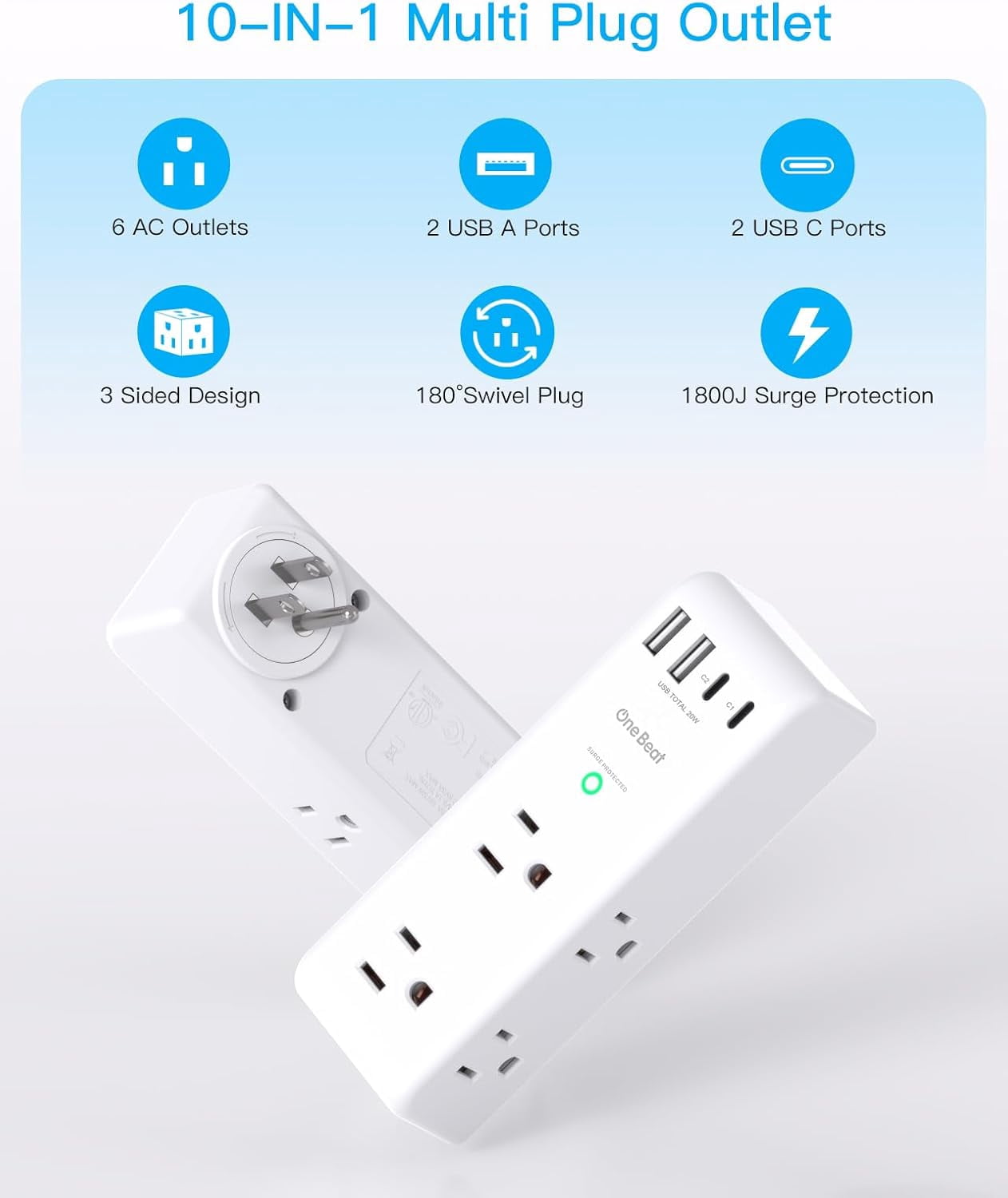 PD 20W Surge Protector Outlet Extender, 1800J Rotating Plug, 6 AC Outlets & 4 USB Ports(2 USB C), 3-Sided Swivel Power Adapter for Home Office Dorm