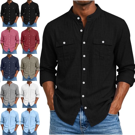 Tops for Men Cotton Linen Long Sleeve Chest Pocket Button Down Shirt