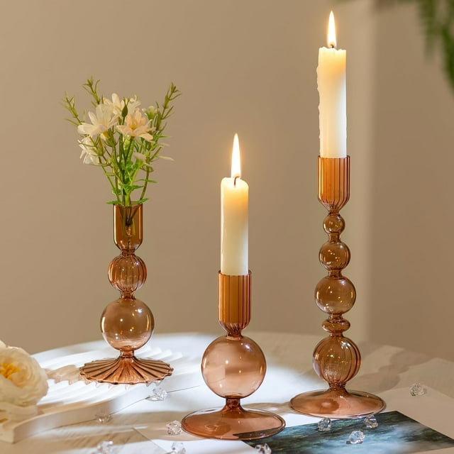 Juego de candelabros Hewory de cristal, 3 piezas, acanalados, color marrón