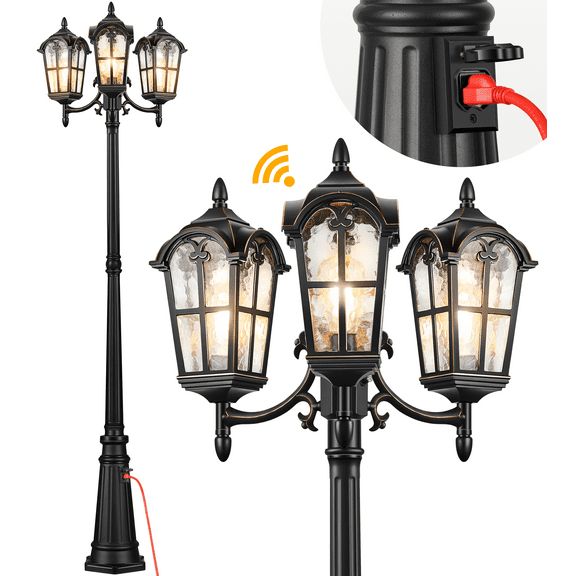 VIANIS 3-Head Outdoor Lamp Post Light Fixture with Outlet, Black Dusk Dawn Lamp Posts Outdoor Lighting, Waterproof Anti-Rust Aluminum with Tempered Glass, Street Light for Garden, Patio, Driveway