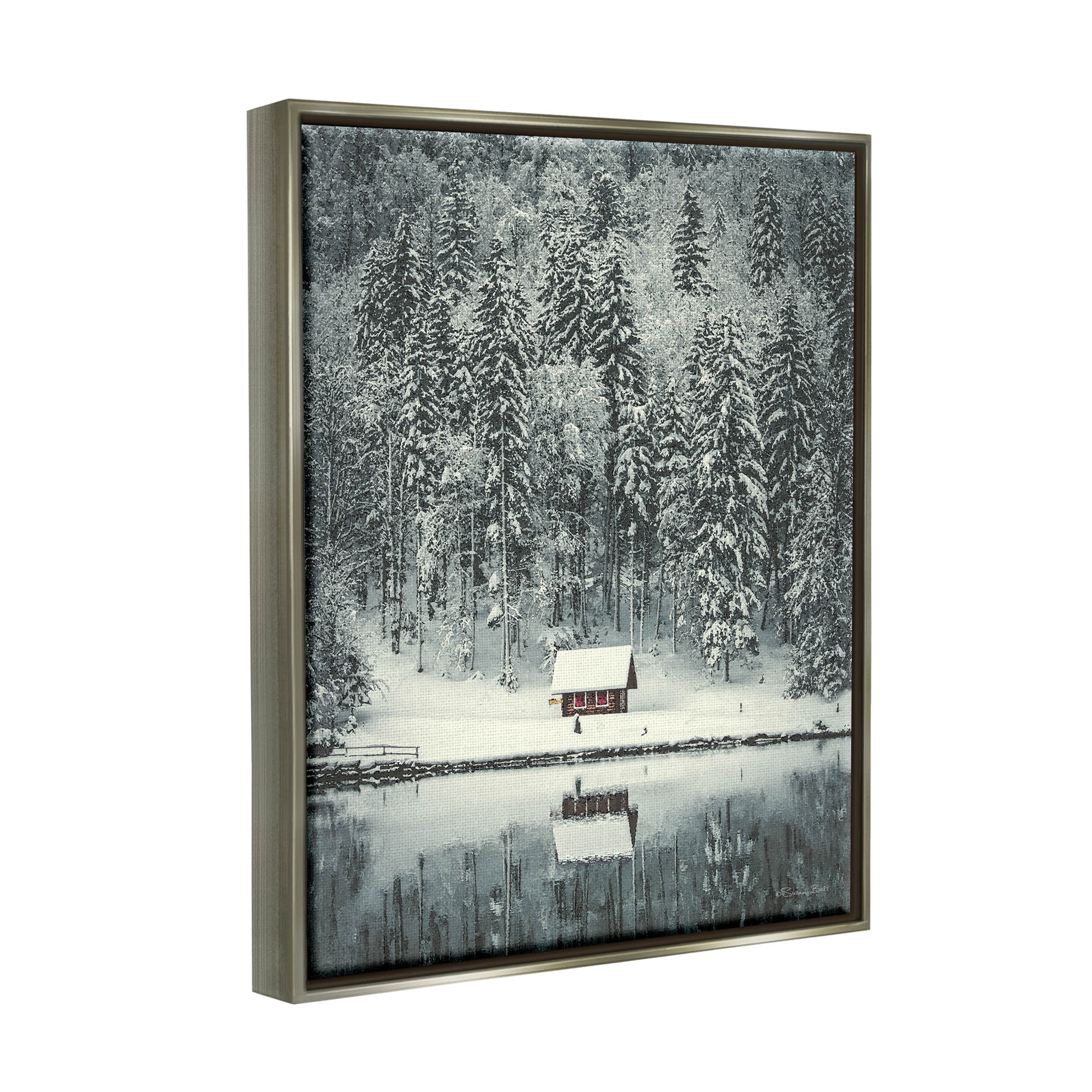 Snowy Woodland Hut Reflection Landscape Painting Luster Gray Framed Art Print Wall Art