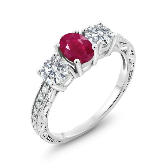 Gem Stone King 10K White Gold Red Ruby and Lab Grown Diamond Engagement Ring for Women | 2.12 Cttw | Oval 7X5MM | Gemstone July Birthstone | Size 9