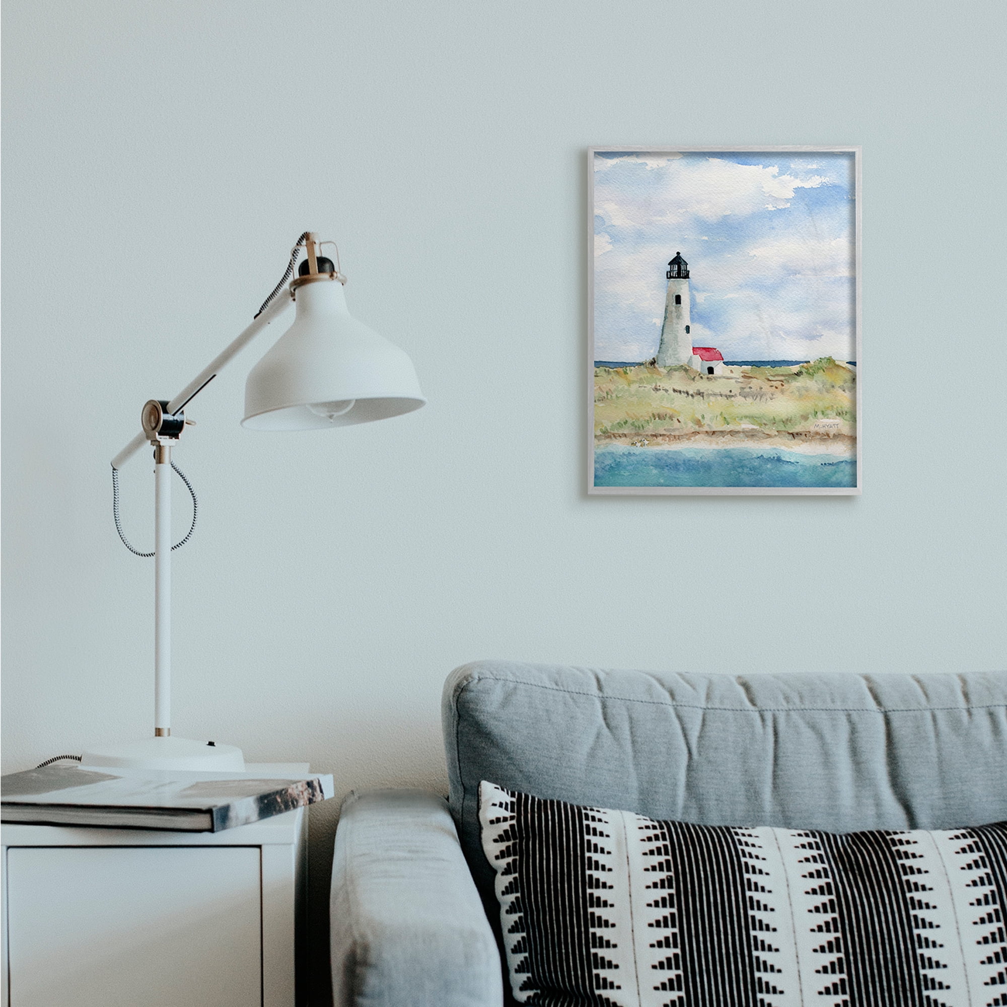 Stupell Industries Lighthouse on Peninsula Soft Coastal Landscape Grey Framed, 16 x 20, Design by Melissa Hyatt LLC